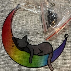 Rainbow Gray Cat Acrylic Suncatcher With Hanging Accessories